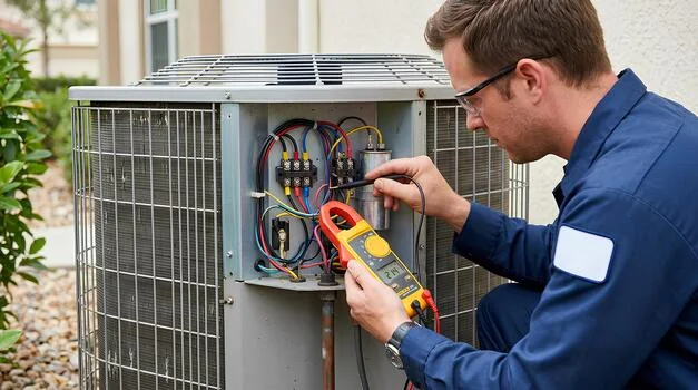 HVAC technician performing maintenance on a residential outdoor air conditioning condenser