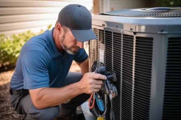 Technician performing routine maintenance on a residential outdoor HVAC condenser